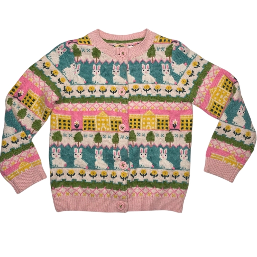 Mini Boden Pink and Teal Easter Bunny Whimsical Knit Cardigan